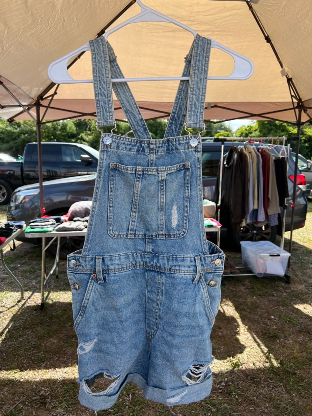 Divided Light Blue Distressed Denim Short Overalls